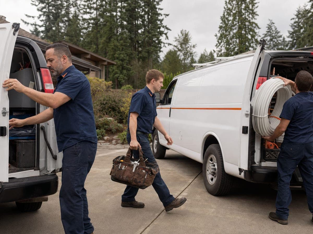 The Cascade Plumbing crew standing in front of their service vans in a Charlotte driveway