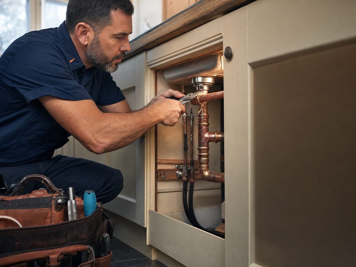 Mike Reyes, founder of Cascade Plumbing, working under a kitchen sink