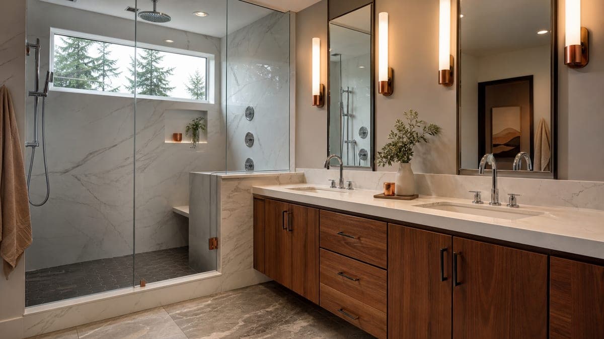 A finished high-end residential bathroom renovation with a walk-in shower and marble double vanity