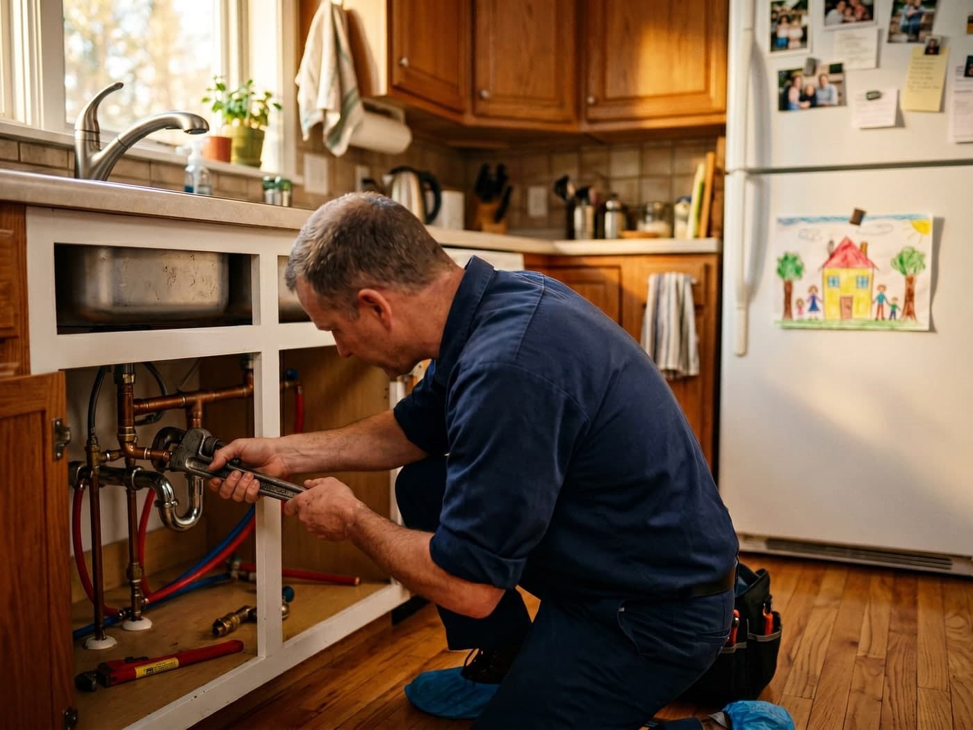 A Cascade plumber working under a kitchen sink in a family home