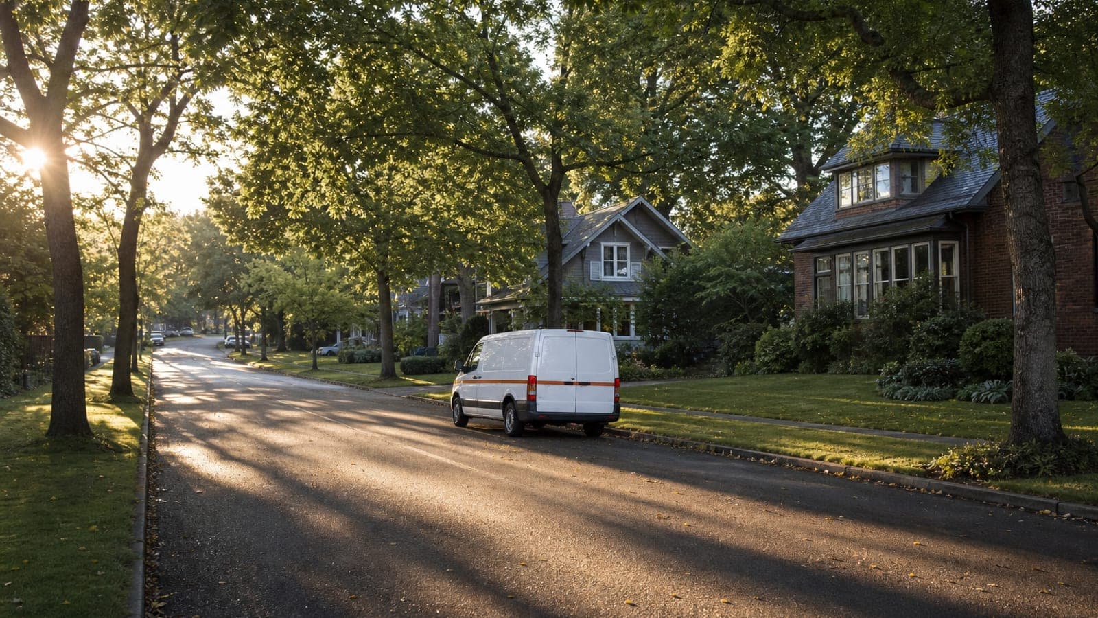 A tree-lined Charlotte neighborhood street at golden hour