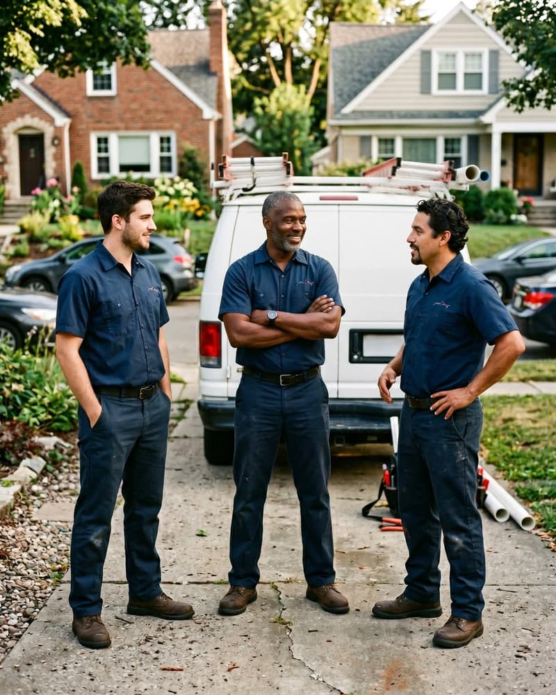 The Cascade Plumbing crew of licensed plumbers in front of service vans