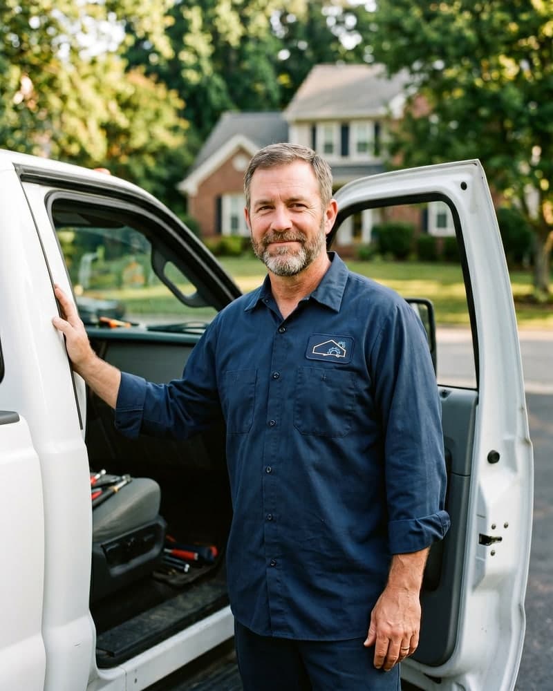 Mike Reyes, founder of Cascade Plumbing, standing beside his service truck in Charlotte
